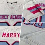CUSTOM WHITE LIGHT BLUE-PINK MESH AUTHENTIC FOOTBALL JERSEY - Image 2